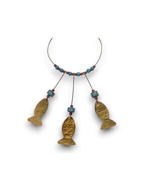 Vintage Boho Glass Turquoise Red Brass Fish Charm Necklace 17 Inch